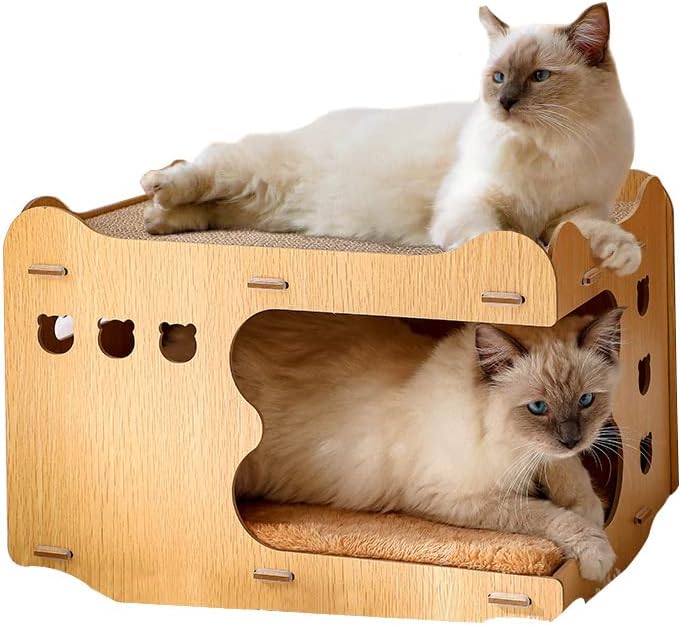 Куќа за мачки, Дрвена Кутија За Мачки Со Заменлив Столб за Гребење И Мека Подлога, Куќа За Мачки Со Градежни Блокови