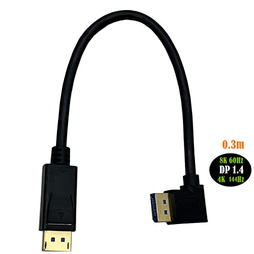 Traovien DisplayPort 8K кабел, 90 степени десен агол до директно приказ на машкото за прикажување на машки ултра HD кабел 30см/1ft, DP 1.4 верзија на адаптер за адаптер, 8K-60Hz