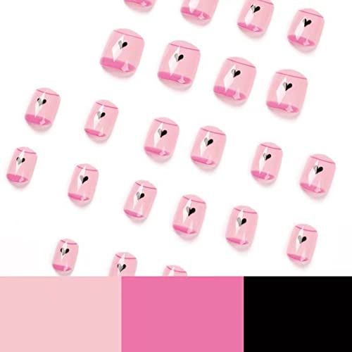 Притиснете на ноктите француски краток квадратен печат на ноктите розови срце лажни нокти кратки квадратни акрилни нокти жени девојки 24 компјутери
