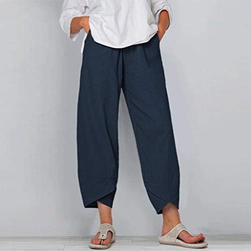 Liuguoo 2023 летни панталони за жени обични џебови памучни постелнини широки нозе влечење еластична половината каприс панталони