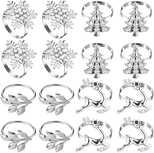 Geiserailie 16 парчиња сребрена Божиќна салфетка прстени за снегулки од салфетки украси Божиќни елени држачи за салфетка елка и остава декор