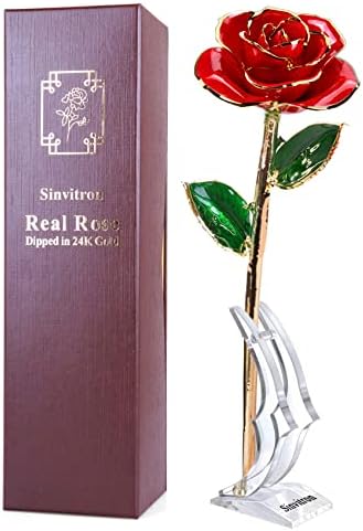 Синвитрон Црвен вистински розов цвеќиња, злато натопена роза, позлатена реална роза со штанд и кутија, подарок за мајка, ден на