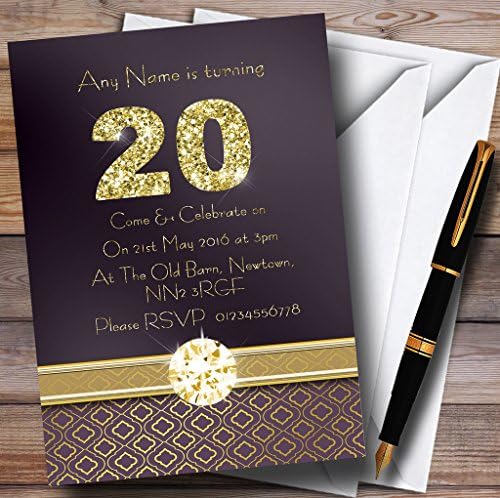 Виолетова Сатен И Злато 20-Ти Персонализирани Покани За Роденденска Забава