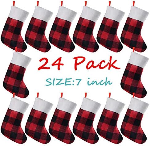 QBSM 24 Пакет Мини Божиќни Чорапи, 7 инчи Биволи Карирани Со Кадифен Манжетни Мали Чорапи, Божиќни Класични Црни Црвени Карирани