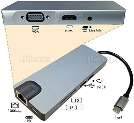 USB C Hub, 9-во-1 USB C Адаптер СО 4K USB C ДО HDMI, VGA, Gigabit Ethernet, 100W PD, 2 USB-А 5 Gbps, Microsd/SD Читач На Картички,