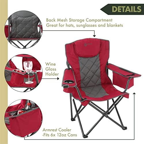 Arrowhead Outdoor Portable Преносен преклопен камп Квад стол W/ 6-CAN Cooler, држачи за чаши и вино за чаши, торба за носење со тешки