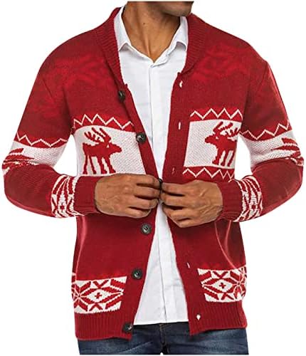 Мажи џемпери јакни грда Божиќно џемпер за затворање на копчето плетено кардиган, јака со долги ракави со плете