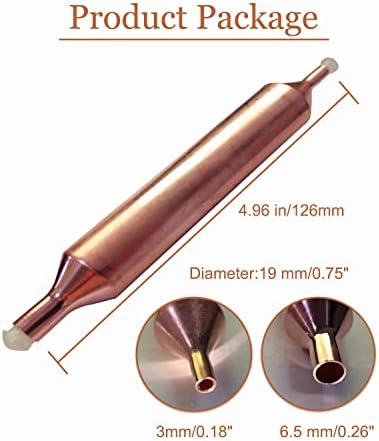 Фен за фен за фрижидер од 3, 19мм х 126мм фен за филтрирање за ладење, посув на бакарен филтер со 3мм x 6,5мм дупка за внатрешен