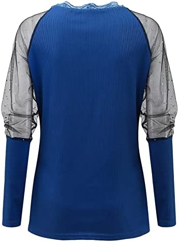 Џемпер за жени длабоко V-вратот чипка со долги ракави пулвер тенок фит маица блуза за секојдневна вежба за вежбање