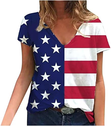 Женски длабоки v вратот Спандекс маица салон на врвови маички со кратки ракави во боја на американско знаме маица UC