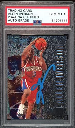 1996 Fleer Metal #201 Allen Iverson RC Rookie 76ers PSA/DNA Auto Gem Mint 10 - Кошарка за дебитантски картички за кошарка