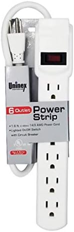 Uninex PS08T 6-Outlet Power Strip, UL наведена, 14/3 AWG, 1,6-метри, бела, 2-пакет