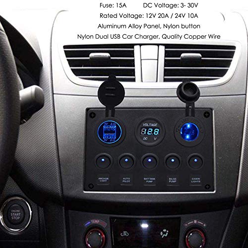 Marine Intition Toggle Rocker Switch Panel Dual USB Socket Charger 4.2A + LED Voltmeter + 12V излез за напојување + 5 Gang On-Off Switch
