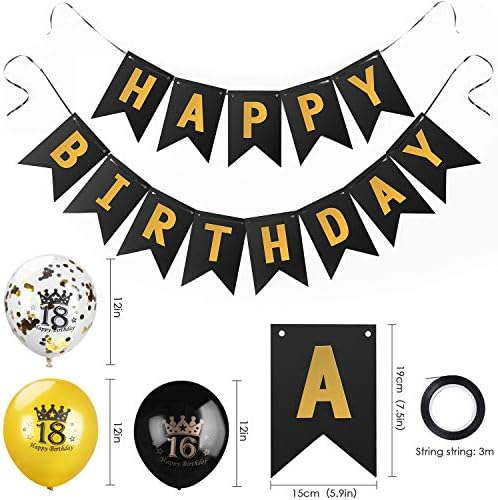 Среќен Роденден Балони и Банери, 16 парчиња Златни И Црни Роденденски Банти И Балони Совршени За Украси За Роденденски Забави