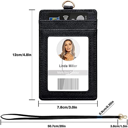 Држач на значка за лична карта со Lanyard, вертикална држач за картички за ID на кожена ID со 1 прозорец за чиста лична карта, 4