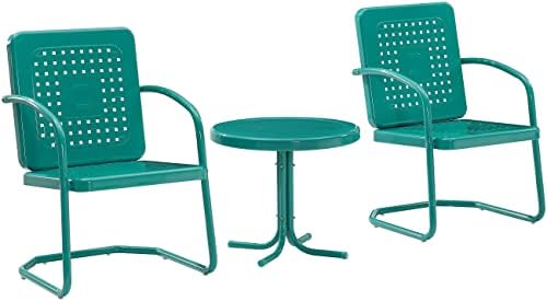Мебел Кросли KO10019TU BATES 3-парчиња ретро метал седење на отворено со странична маса и 2 столчиња, тиркизен сјај
