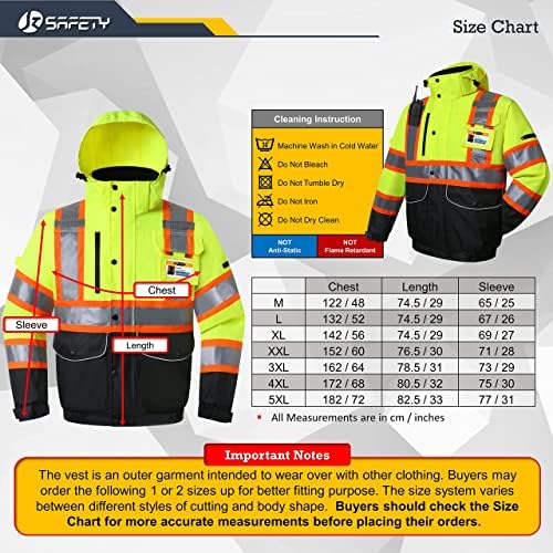 Jksafety 10 џебови hi-vis водоотпорна 3М рефлексивна зимска бомбаш јакна | Неон жолто црно дно | Обезбеден iPad или таблет џеб | Одвојлив