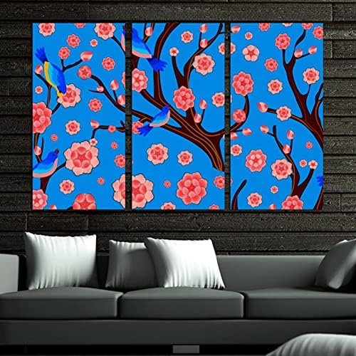 Wallидна уметност за дневна соба, масло сликарство на платно Големо врамен цреша цвета сини птици Уметнички дела за декор за домашна спална соба