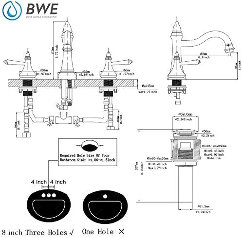 BWE 8 инчи 2 рачки широко распространета тапа за бања 3 дупки со нафта со бронзена фарма со појава на мозоци и вода за снабдување