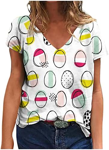 Велигденски кошули за жени зајаче зајак графичка маица секси V-врат пулвер краток ракав лабава вградена маичка врвна блуза