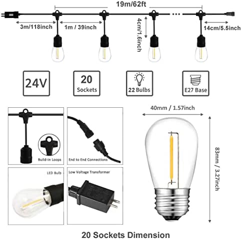 Безбедност со водоотпорен водоотпорен водоотпорен стринг светла, 72 метри фестон светла со 20 x висат LED светилки, за балконски