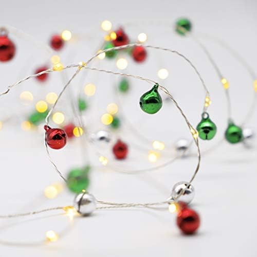 Jingle Bell String Light 10ft 60 LED диоди Божиќна венец со светла батерија управувани самови светла со далечински управувач за