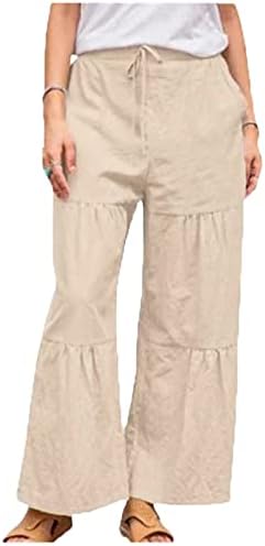 2023 памучни постелнини панталони, еластични високи половини широки нозе лабава вклопена должина на глуждот цврста боја јога