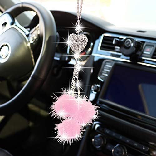 Yidexin Bling Car Mirror додатоци за жени £ men мажи кои бркаат loveубов срце и розова кадифен топка, блинг ринистонс, дијамантски