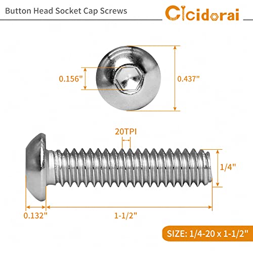 Cicidorai 1/4-20 x 1 Копче Главата Приклучок Капа Завртки, 304 Нерѓосувачки Челик 18-8, Ален Приклучок Диск, Светла Завршница, Целосна