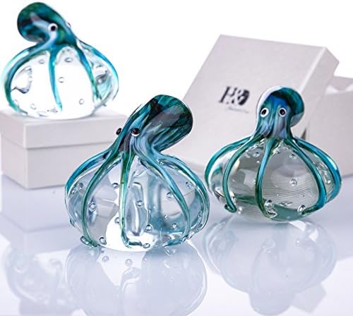 Qfkris QF рачно изработен октопод разнесена стаклена фигурина подарок за Божиќ, роденденски украсен декор со сино-зелена тежина на хартија