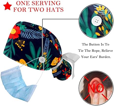 Rodailycay 2 пакувања Работно капаче со копче за жени со долга коса прилагодлива еластична завој вратоврска назад капи, буфан капачиња Цвет
