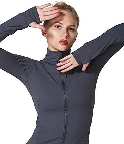 Sunzel Women'sенски тенок фит лесен јакни со целосна патент спортска јакна со палецот за палецот за вежбање јога атлетска