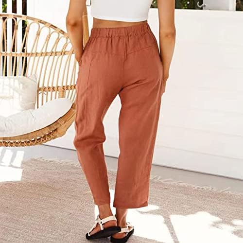 Женски памучни постелнини панталони летни обични високи панталони со еластична половината салон џогери со џебови со џебови