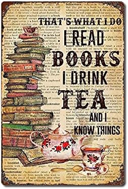 Книги и чај ги познавам вертикалните постер, loveубовните книги и чајната wallидна уметност, постер за lубители на книги, метален декор со знак