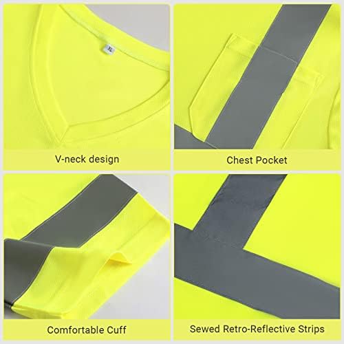 Riyiper 6 парчиња XL големина Висока видливост Безбедност Кратки кошули V вратот рефлектирачки безбедносен маица флуоресцентни жолти здивни унисекс