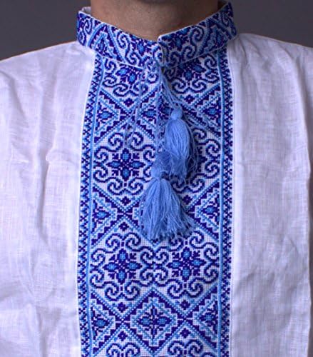 Рачно изработена бела украинска Вишиванка за мажи постелнина кошула бела сина везена l