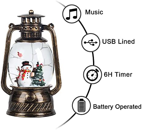 Божиќен снежен глобус фенер што се врти вода што сјае снежен човек со сцена за празници, батерија и USB напојувана светлина за декорација на