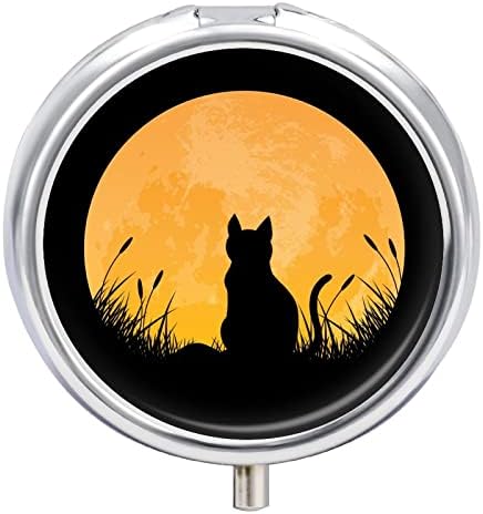 Пилула кутија мачка месечина ноќна пејзаж Тркалезна таблета таблета, преносен пилукс витамин контејнер, организатор на апчиња држач со 3 оддели