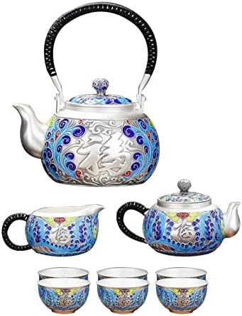 Gohq Кинески кунг фу чај котел поставен за шпорет на врвот, 999 Стерлинг сребрен чај сетови со 1 чајник, 6 чаши чајни чаши и крем стомна за