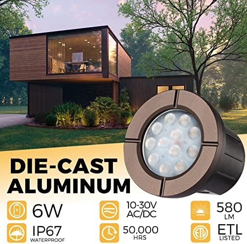 Gardencoin 6w in-in-lound бунари, 12-24V AC/DC IP67 водоотпорен алуминиум на отворено светло на патеки со низок напон, 3000k топла бела, бронза