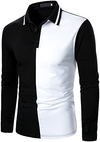XXBR долги ракави Поло кошули за мажи, 2021 есен во боја блок -крпеница деловна кошула предна плоча копче врвови цврста боја сина црна