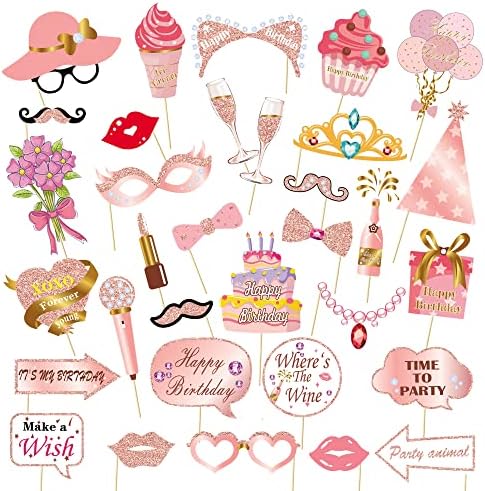 Mdrtirim 33 парчиња розово злато роденденски штанд со реквизити со точки за лепак и стапчиња за украси за славење на роденденската