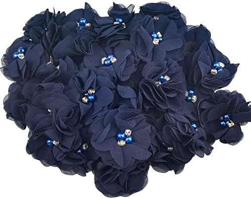 30 компјутери Rhinestone Pearl Темно сина шифонска цветна ткаенина за шиење Апликации за облека, ленти за глава, занаети, украсување на забави,