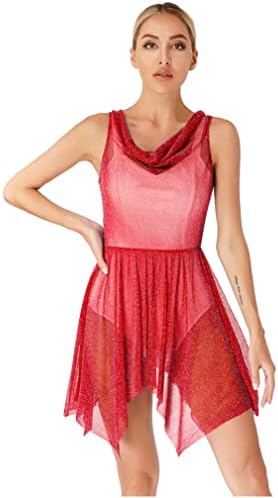Easyforever женски драфтиран врат видете низ сјајна мрежа пофалби танц туничен асиметричен фустан од преклопување