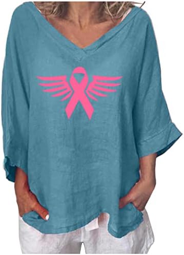 Блуза кошула за девојки лето есен 3/4 ракав 2023 постелнина памук против вратот графички капри за рак на дојка