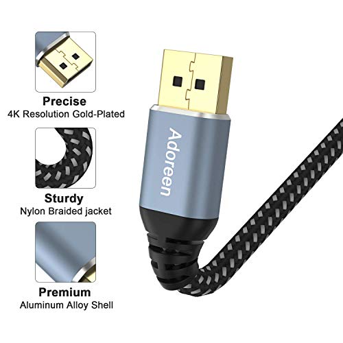 Adoreen 4K DisplayPort Cable 20 стапки, плетенка DP до DP 1.2 Codr 4K@60Hz 2K 1440p@120Hz 1080p целосна HD приказ за приказ за 3D, компјутер
