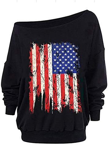 Хомибел Меморијален ден џемпер жени надвор од рамото американско знаме со долги ракави пулвер џемпер џемпер слабиот врв w/внатре