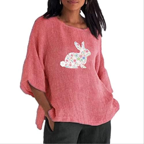 Womenените среќна велигденска маица симпатична зајаче графичка обична мачка топ 3/4 ракав памучни постелнини блузи меки удобни