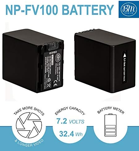 BM 2-пакет на NP-FV100 батерии и полнач за Sony HDR-CX455 CX675 CX260 CX290 CX330 CX380 CX430V CX580V CX760V CX900 PJ430V PJ540 PJ580V PJ650V PJ670 PJ710V PJ760V PV7600 AX33 AX53 AX100