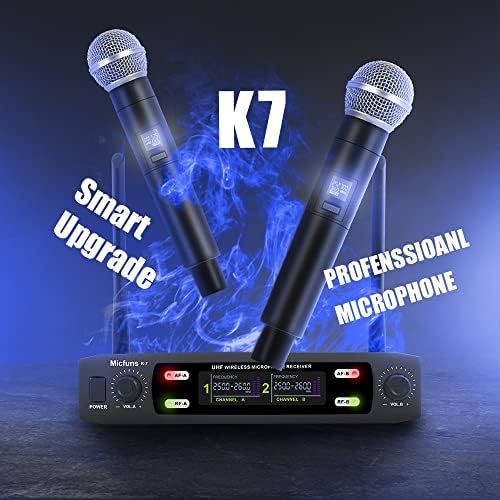Micfuns K7 Професионален безжичен 2 рачен VHF 230-250 MHz микрофон систем 100м дистанца за караоке, забава, говор